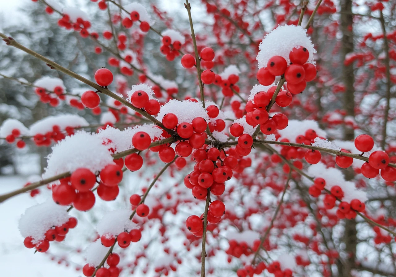 A vibrant image showcasing a Winterberry Holly (Ilex verticillata) shrub heavily laden with bright red berries against a snowy backdrop. The focus should be on the abundance of berries as a food source, perhaps with a light dusting of snow on the branches.