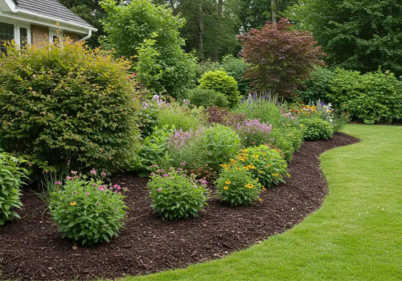 A wide, inviting photograph of a beautifully maintained residential garden bed in full summer glory. It showcases a variety of appropriately sized shrubs and perennials, demonstrating successful size management. Plants are healthy, well-spaced, neatly mulched, and bordering a lush green lawn, conveying a sense of calm, order, and beauty achieved through proper gardening practices.