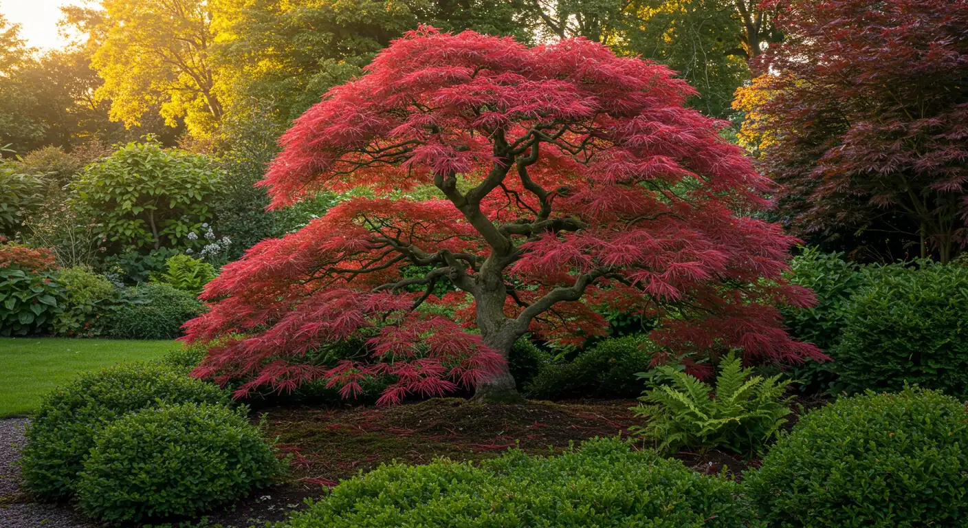 A stunning, healthy Japanese Maple tree showcased as a focal point in a meticulously maintained residential garden. The tree could be a vibrant red laceleaf variety or a classic green upright form, illuminated by soft, late afternoon sunlight casting gentle shadows. The surrounding garden should complement the tree, perhaps with hostas or low ferns, but the maple is clearly the star.