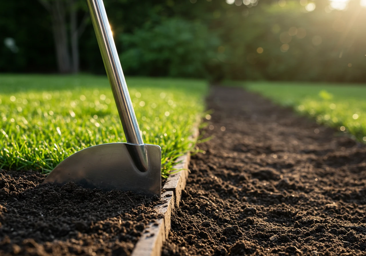 An image focusing on one of the primary manual edging tools, like the half-moon edger. The tool should be clean and resting near a freshly cut edge, implying its use without showing a person. This illustrates the tools discussed.