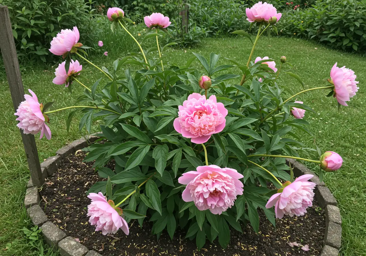 A photograph comparing a declining perennial (e.g., Peony or Bee Balm) side-by-side, or implicitly compared, to a healthy example (though the prompt should focus on the declining one). The declining plant should exhibit key signs mentioned in the text: noticeably fewer and smaller flowers compared to its potential, sparse, possibly pale or slightly yellowed foliage, and an overall weak, spindly appearance. The setting is a typical garden bed.