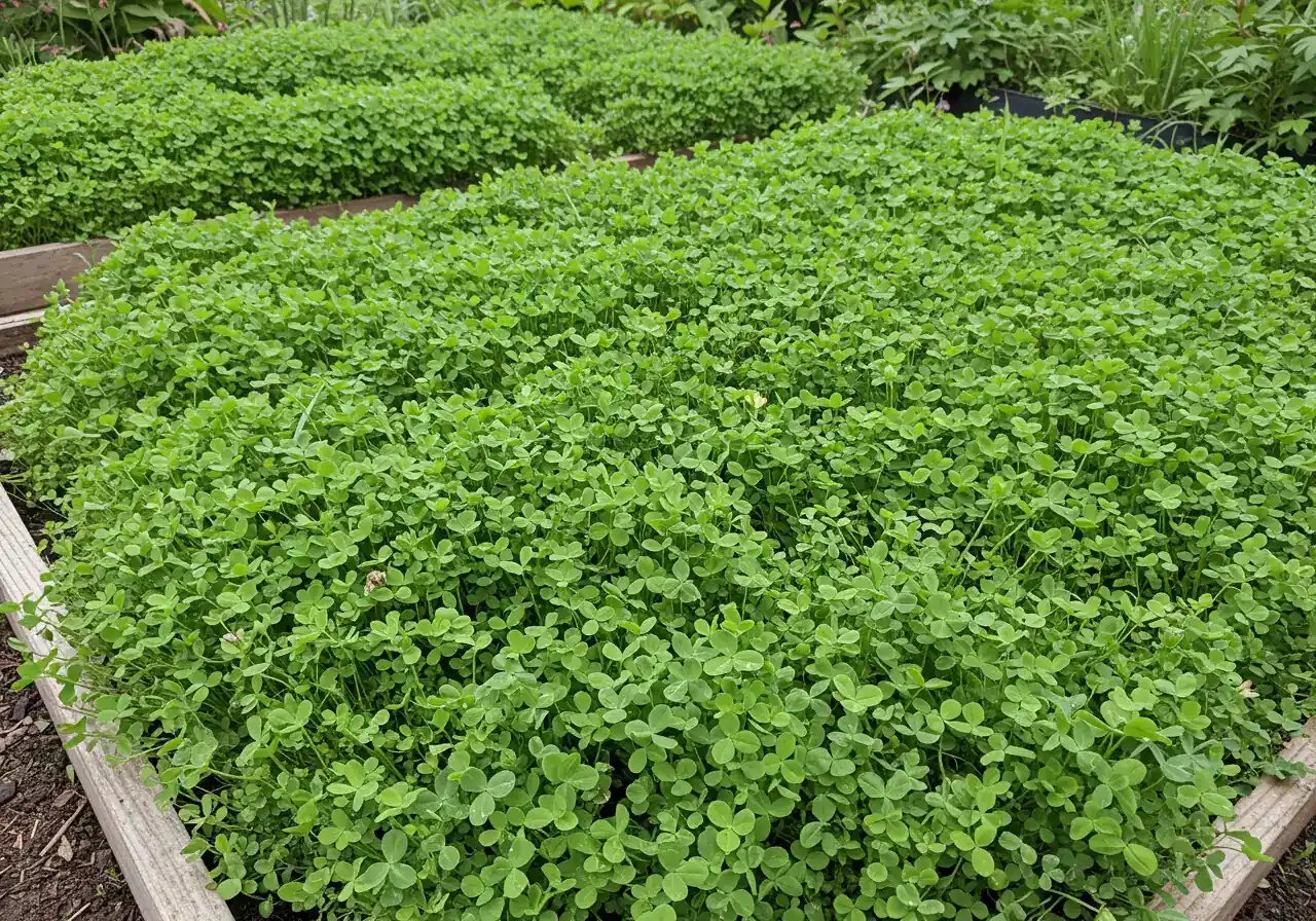 A section of a garden bed planted thickly with a vibrant green cover crop, such as winter rye or crimson clover, growing vigorously. The image should convey lushness and soil protection.