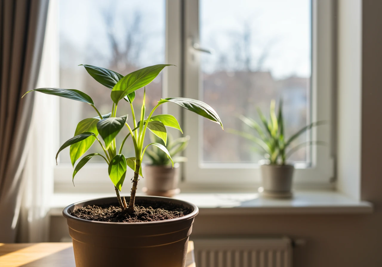 A serene image of a newly repotted plant situated in an ideal recovery environment near a window with bright, indirect sunlight.