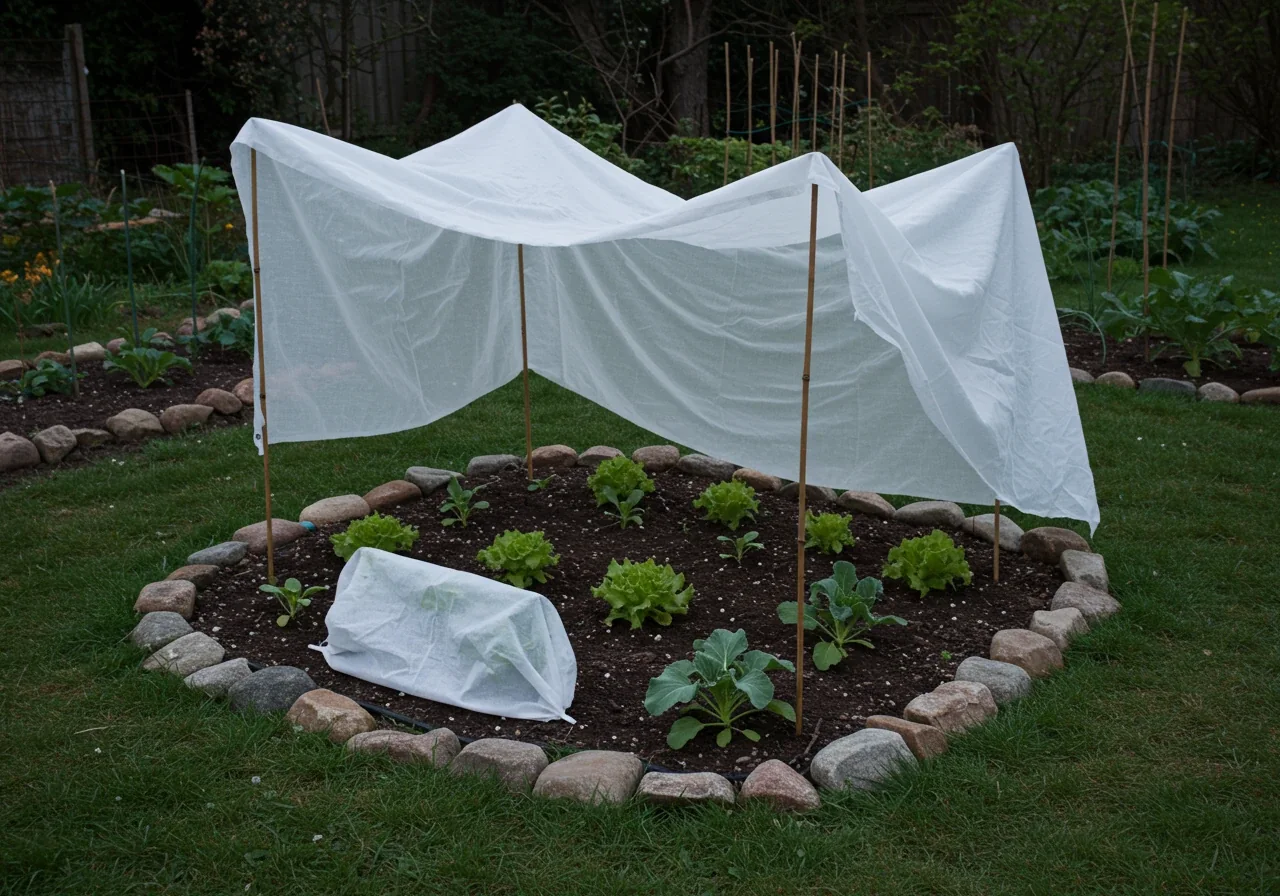 A photograph taken in the early evening light showing several small vegetable plants or tender annuals in a garden bed carefully draped with white frost cloth. The cloth is secured lightly with rocks or stakes, tented slightly over the plants, illustrating an effective method of overnight frost protection.