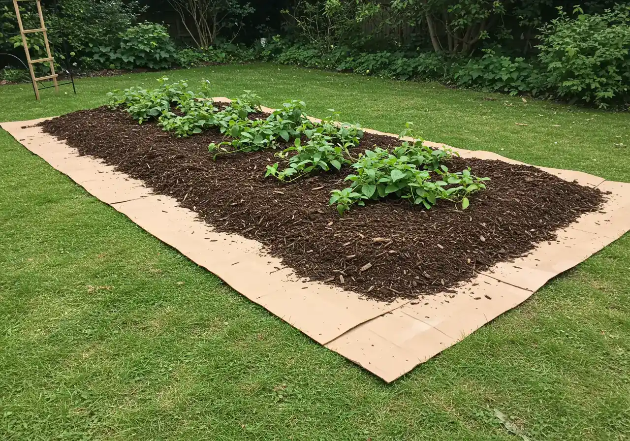 A photograph showing an area where Dog-Strangling Vine has been cut down to the ground, now effectively covered with overlapping layers of plain brown cardboard, which is then topped with a thick, even layer (at least 4-6 inches) of dark brown wood chip mulch. Illustrates the light-blocking smothering technique for suppression.