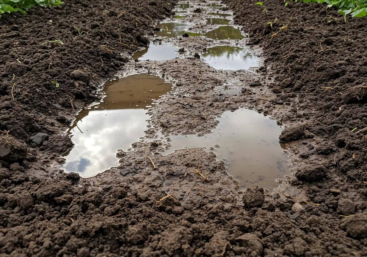 A clear photograph showing rainwater pooling significantly on the surface of a garden bed or lawn area made of dark, dense clay soil. The standing water should be prominent, failing to soak in, visually demonstrating the poor drainage symptomatic of compaction. The surrounding soil texture should look heavy.
