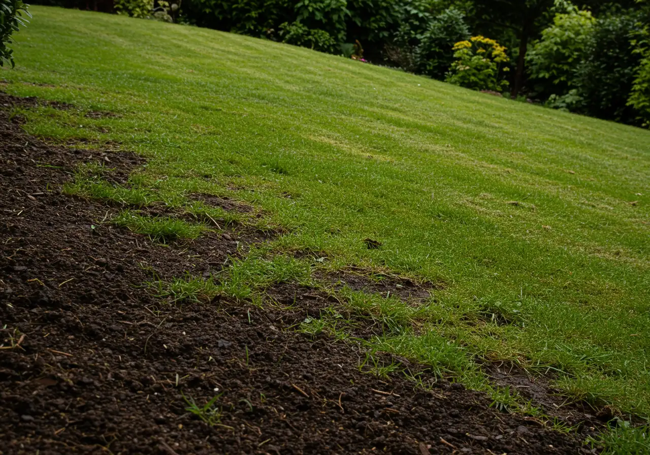 A subtle slope in a garden lawn after a light rain, clearly showing darker, wetter soil collecting at the bottom of the slope while the top area appears lighter and drier. Focus on the gradient and moisture difference in the soil and grass.