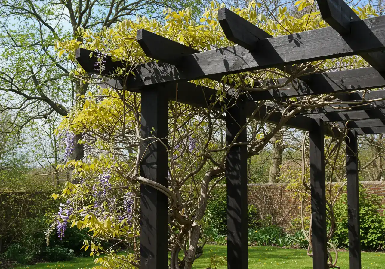 An image showcasing a Wisteria vine properly supported by a substantial structure. Shows a mature Wisteria with thick, woody stems trained neatly onto a robust wooden pergola or heavy-duty metal arbour, illustrating the kind of strong support needed to handle the vine's weight and growth without damage.