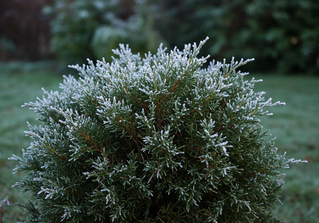 Image of a robust, healthy juniper shrub thriving outdoors, perhaps lightly dusted with frost or standing firm against a backdrop suggesting a cool climate, emphasizing its hardiness and suitability for the Ottawa weather described.