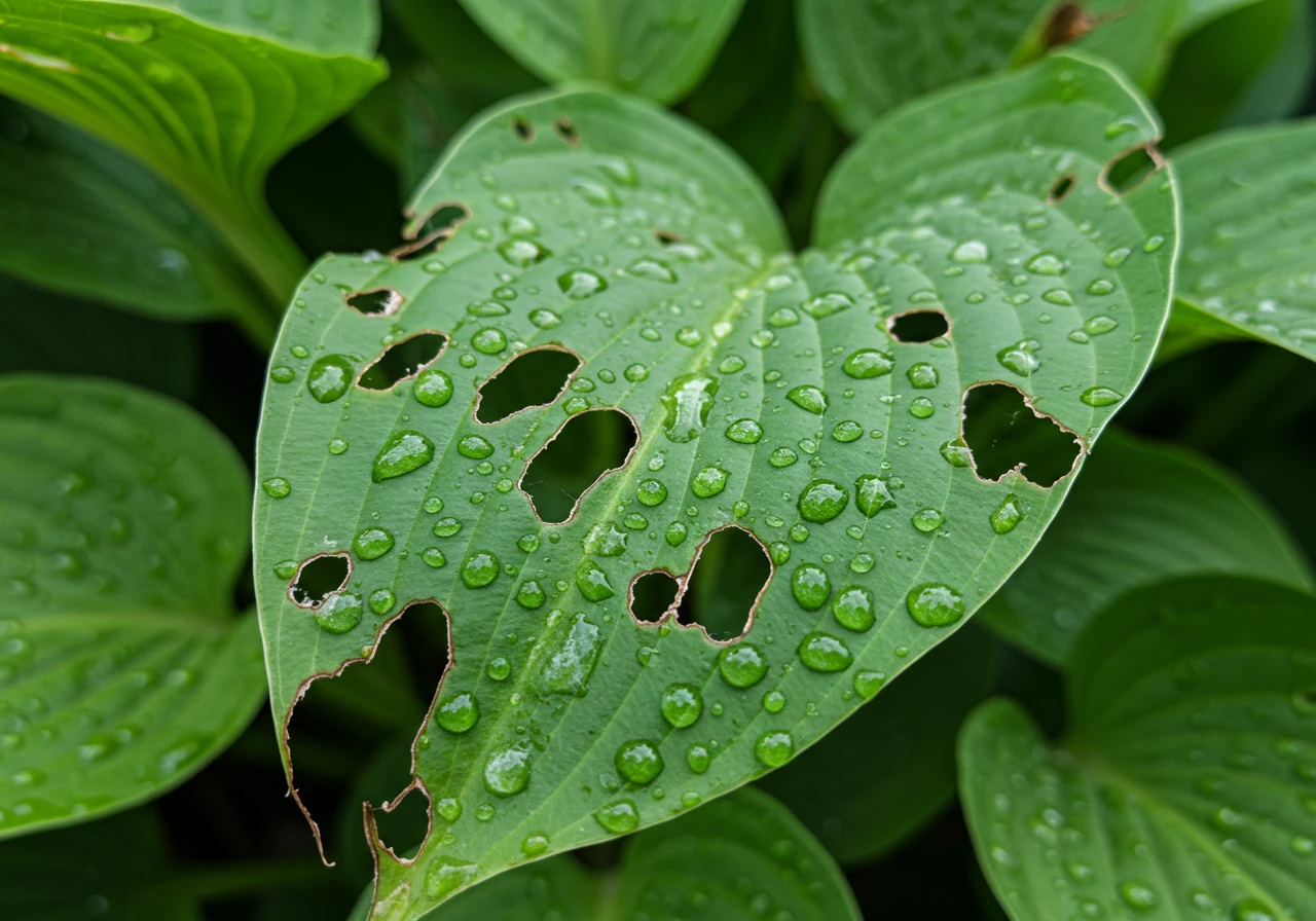 A photograph focusing on a large plant leaf, such as a hosta leaf, clearly showing irregular holes chewed by slugs or snails. Crucially, the image should also feature a visible, glistening silvery slime trail left behind by the mollusk on the leaf surface, indicating their recent presence as described in the text. The lighting should suggest damp conditions, like early morning.