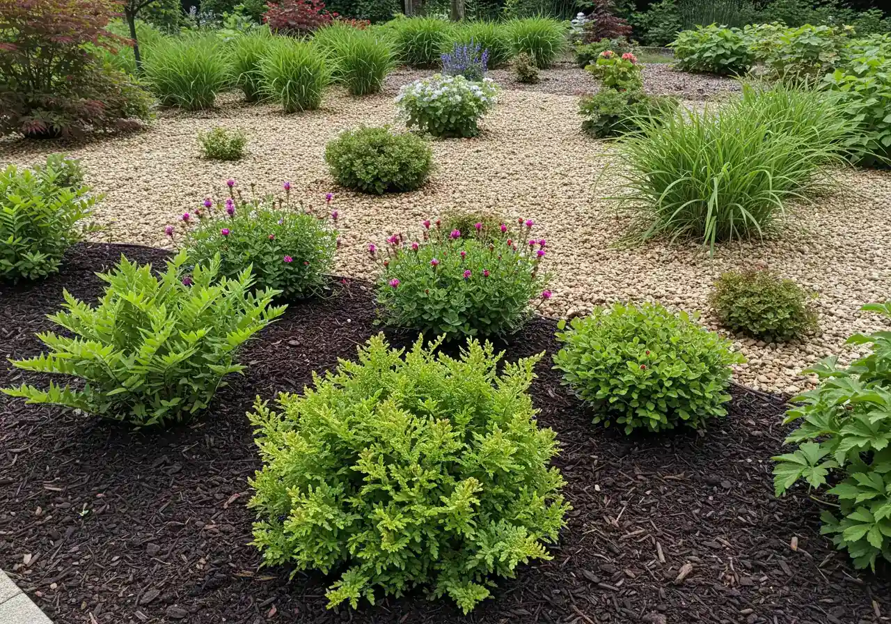 A well-designed garden bed demonstrating hydrozoning principles. In the foreground, show lush, moisture-loving plants like vibrant green Ostrich Ferns and deep red Cardinal Flowers thriving in dark, mulched soil. In the background, slightly elevated or in a sunnier area, show drought-tolerant plants like silvery ornamental grasses and textured Sedum (Stonecrop) varieties planted in gravelly or lighter-colored mulch.