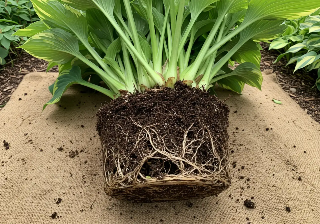 An image showing a large, freshly lifted hosta clump resting on a neutral background like a piece of burlap or dark tarp. Much of the soil is shaken off to clearly reveal the dense, tangled root system and the multiple distinct 'eyes' or growth points at the crown, ready for division. No tools or hands visible.