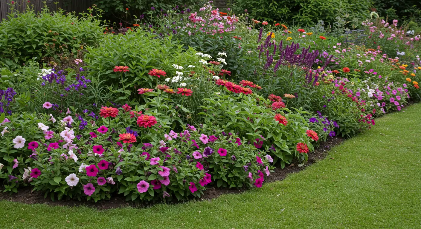 A vibrant, well-maintained garden bed bursting with colourful summer flowers like Petunias, Zinnias, and Salvia. The plants look healthy and full, showcasing the visual reward of practices like deadheading. The image should convey abundance and tidiness.