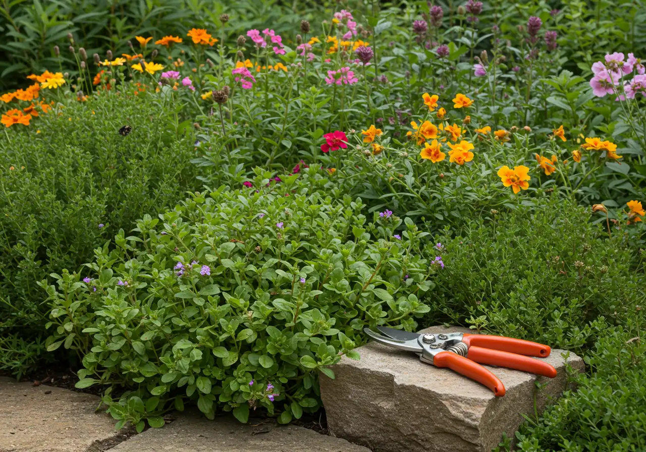 A vibrant, healthy garden scene focusing on lush green foliage and colourful flowers (e.g., perennials or blooming shrubs common in Ottawa). Resting nearby on clean stone or mulch should be a pair of clean, gleaming garden pruners, suggesting readiness for attentive care.