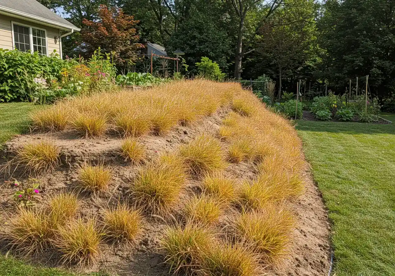 A clear, wide photograph showcasing a finished beetle bank integrated into a garden setting. The image should display a distinct raised berm, approximately 0.5-1 meter wide and several meters long, densely planted with mature native bunch grasses (like Little Bluestem showing some seasonal color) and possibly a few interspersed native wildflowers. It should be situated near, but separate from, vegetable or flower beds, under bright, natural sunlight, illustrating its structure and typical placement within a backyard landscape.