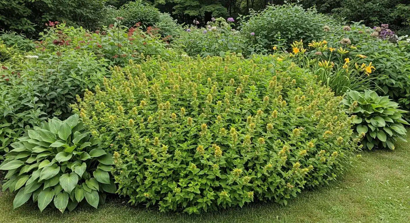 A photograph of a garden flower bed where a dense, vigorous clump of Gooseneck Loosestrife is visibly crowding out and overwhelming other desirable, but less aggressive, perennial plants (like hostas or daylilies) next to it. The image should convey the 'takeover' aspect.