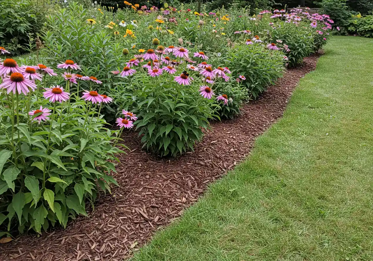 A visually appealing image showcasing a transition from a neat, healthy green lawn to an adjacent garden bed filled with vibrant native flowering plants like Purple Coneflowers (Echinacea). A bumblebee could be visible visiting one of the flowers, highlighting the biodiversity aspect. The edge between the lawn and bed should be clearly defined with natural mulch visible in the bed.