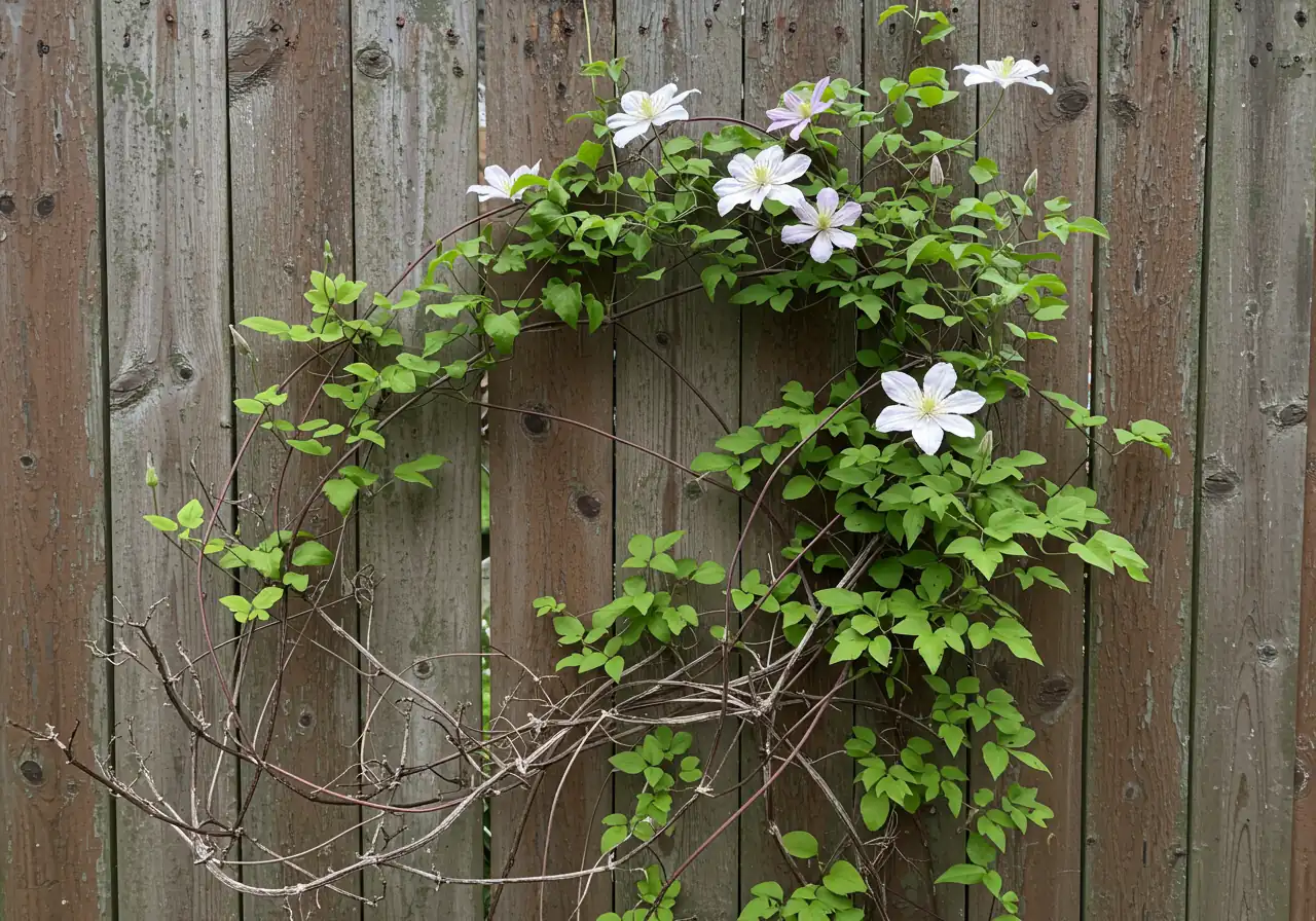 An image depicting the result of Blunder #2 (Timid Snipping on Group 3). It should show a clematis vine, likely a Group 3 variety, that looks 'leggy' - bare woody stems visible for the lower few feet against its support (fence or trellis), with all the foliage and flowers clustered sparsely near the top.
