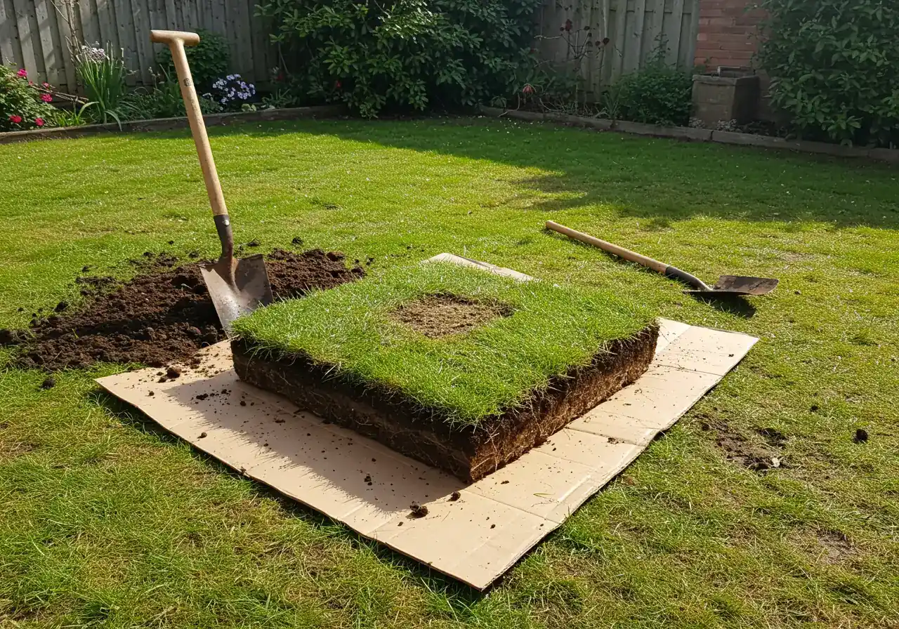 A clear photograph depicting a neatly cut square foot block of lawn turf (approximately 6-8 inches deep) that has been lifted out of the ground and placed on a piece of neutral-colored cardboard or a simple tarp beside the resulting hole. The side view of the soil block should clearly show the different layers: green grass on top, the root zone, and the darker topsoil beneath. A clean garden spade could be resting near the hole, but no hands or people are visible.