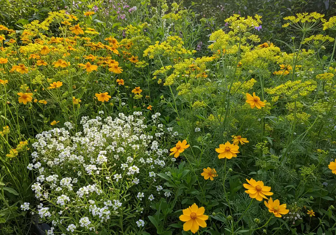 A vibrant image of a garden bed planted specifically to attract beneficial insects, showcasing a mix of blooming small flowers like white sweet alyssum, yellow coreopsis, and feathery dill flowers, suggesting a rich nectar source.
