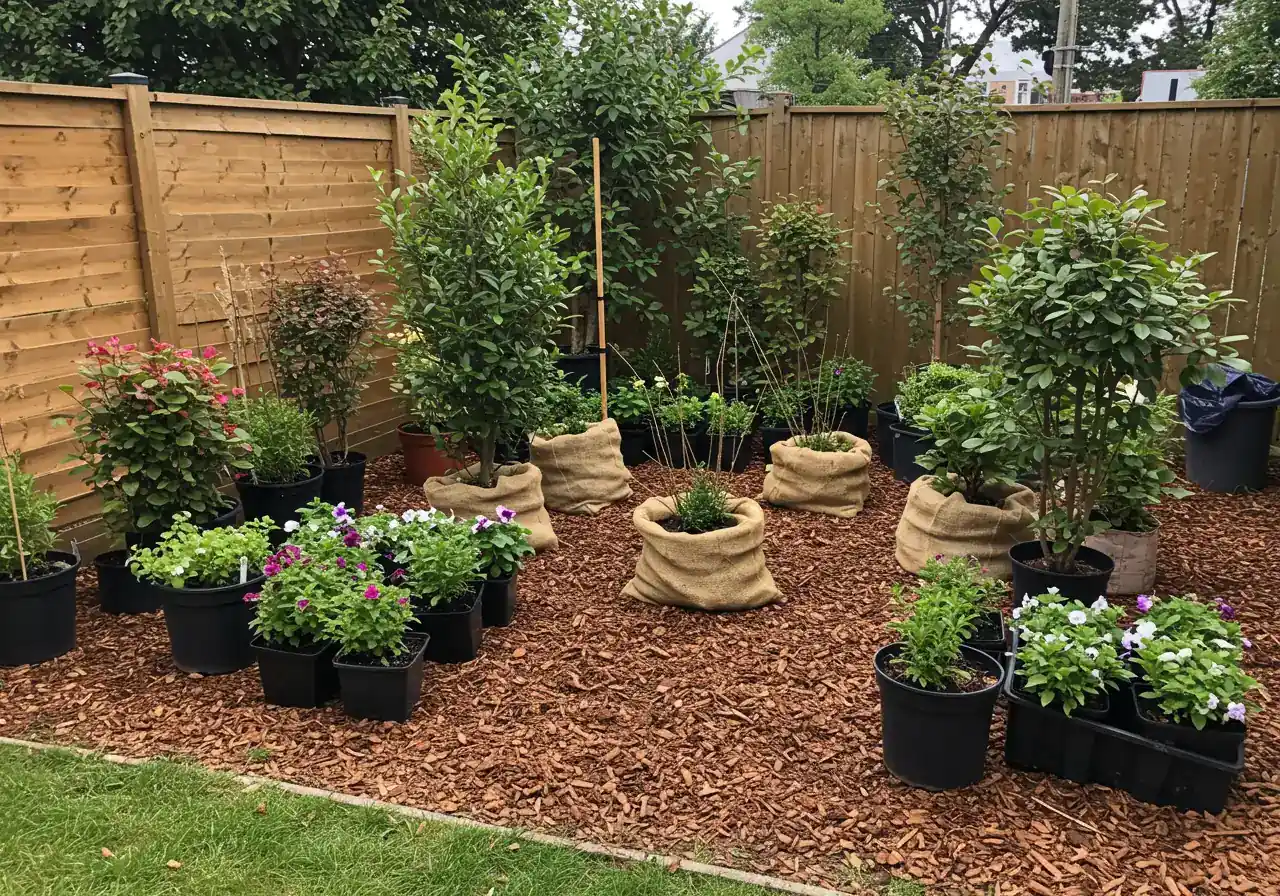 A designated temporary 'nursery bed' area in a backyard. Several potted perennials (like hostas and daylilies) and a few medium-sized shrubs with their root balls wrapped in burlap are neatly arranged in a mulched area away from the main house, waiting for replanting.