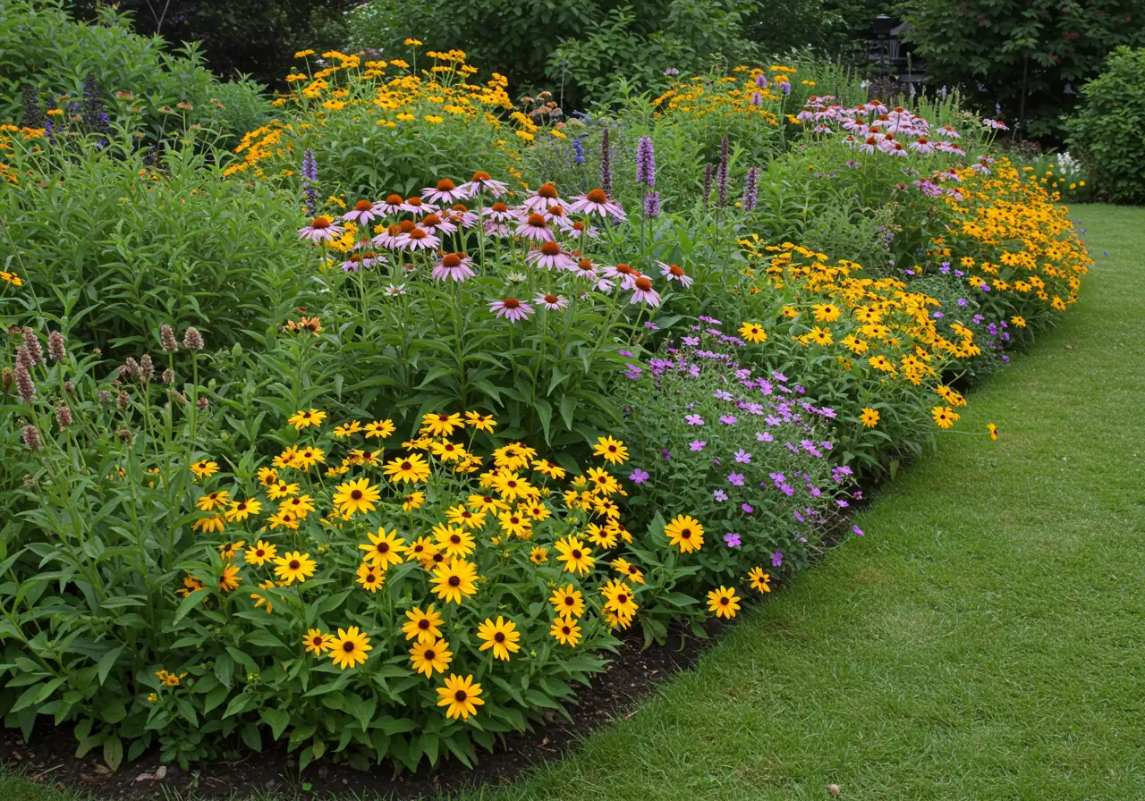 A vibrant garden bed scene showcasing a diverse mix of healthy, pest-resistant perennial plants suitable for the Ottawa region, such as blooming Coneflowers (Echinacea) and Black-Eyed Susans (Rudbeckia). The plants should look robust and thriving, arranged attractively to illustrate the concept of diverse planting in a sunny garden setting.