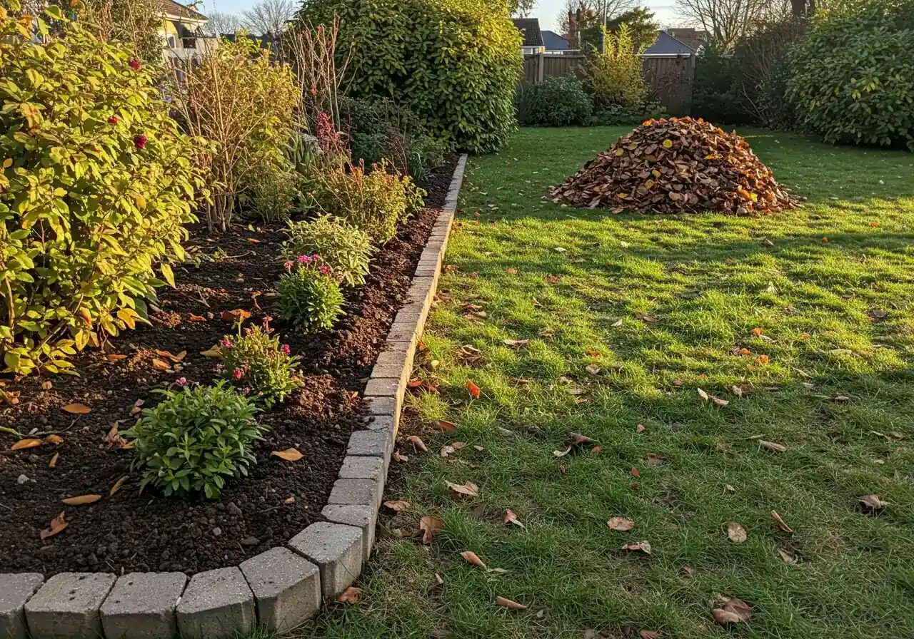 A photograph depicting a neat pile of raked autumn leaves situated next to a clean, well-defined garden bed edge in late fall. The garden bed itself should be clear of debris, perhaps with some dormant perennial stems cut back neatly. The image should evoke a sense of tidiness and preparation for winter, highlighting the removal of pest overwintering sites.