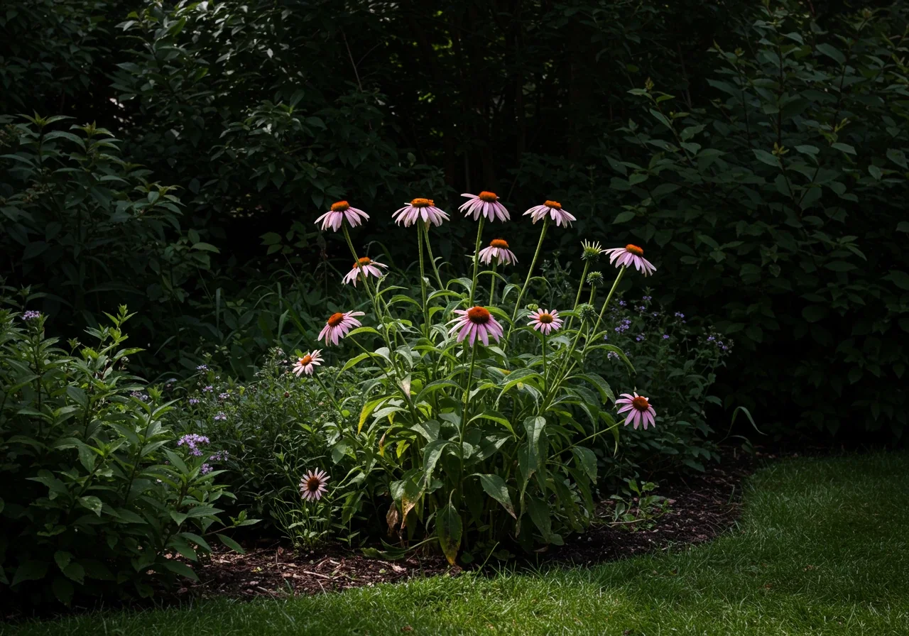 A sun-loving perennial plant, like a coneflower or rudbeckia, visibly wilting and looking unhealthy in a deeply shaded, cool-toned area of a garden, possibly beneath dense tree cover or next to a north-facing wooden fence. The contrast between the plant's needs and its location is clear.