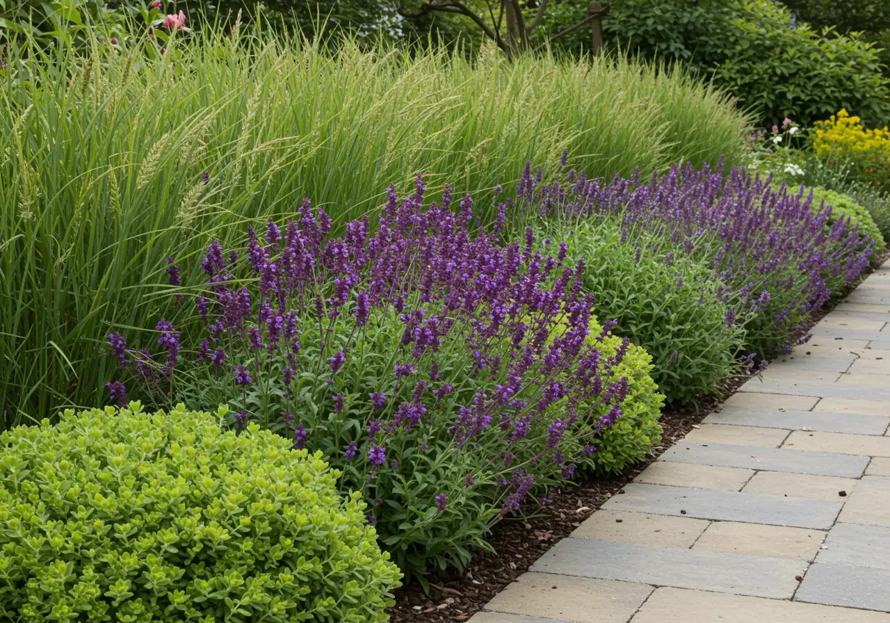 A visually appealing photograph of a well-designed garden border demonstrating the layering technique. Show taller ornamental grasses or shrubs at the back, medium-height perennials (like Salvia or Peonies) in the middle layer, and shorter, mounding plants or groundcover (like Creeping Phlox or Sedum) at the front edge. Ensure adequate spacing is visible between plant groups, creating a sense of depth and order.