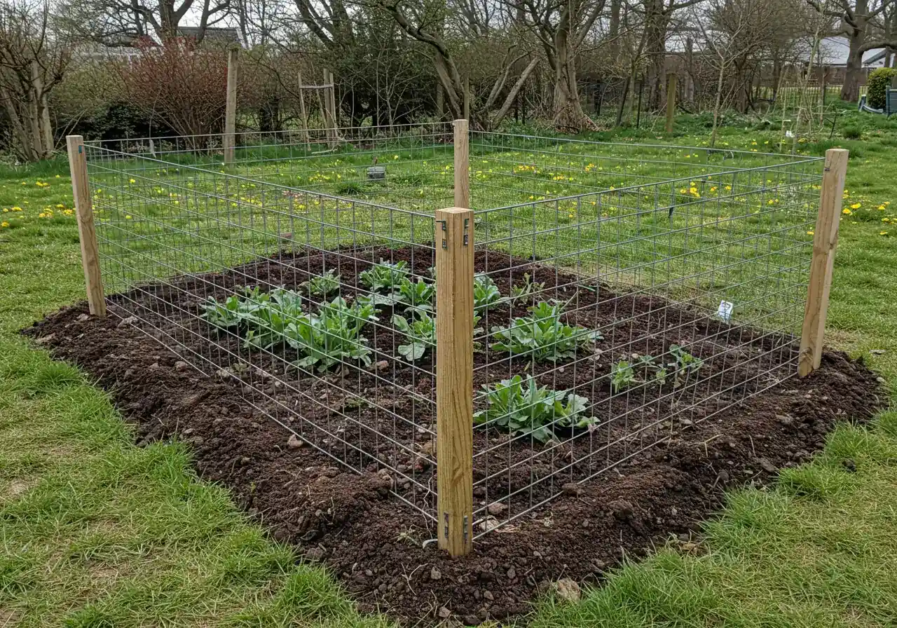 A photograph showing a properly installed rabbit fence protecting a vegetable garden bed. The fence should be wire mesh (like hardware cloth or tight chicken wire), visibly at least 2 feet high, and clearly show the bottom edge buried slightly into the soil or bent outwards in an L-shape and secured with landscape staples.
