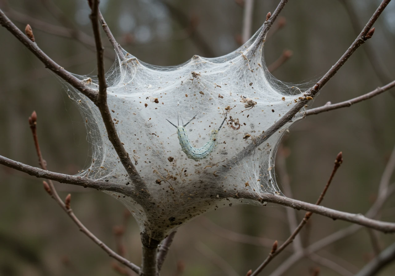 A clear photograph showing an early-stage Eastern Tent Caterpillar nest. The image captures the distinctive white, silken web constructed in the V-shaped fork of bare or newly budding branches of a crabapple or similar deciduous tree. The focus is on the structure of the tent against the backdrop of early spring branches, illustrating what homeowners should look for.