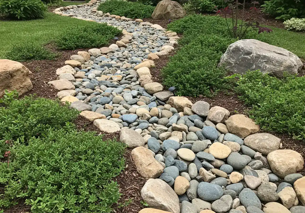 An example of a functional and aesthetic dry creek bed used for drainage. Show a winding dry creek bed feature integrated into a residential landscape, lined with smooth, natural-coloured river stones and strategically placed small boulders. It should appear as a natural landscape element, perhaps bordered by moisture-tolerant plants, effectively guiding potential water flow.