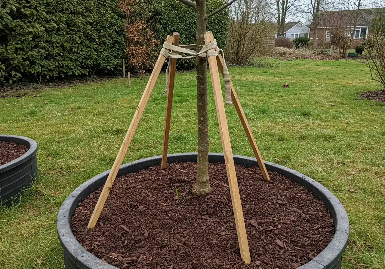 An image showing a young tree or large shrub that is slightly leaning being properly supported by three sturdy wooden stakes and soft, wide tree strapping tied correctly in a figure-eight fashion. Focus should be on the stakes, ties, and the base of the plant, illustrating the staking method.
