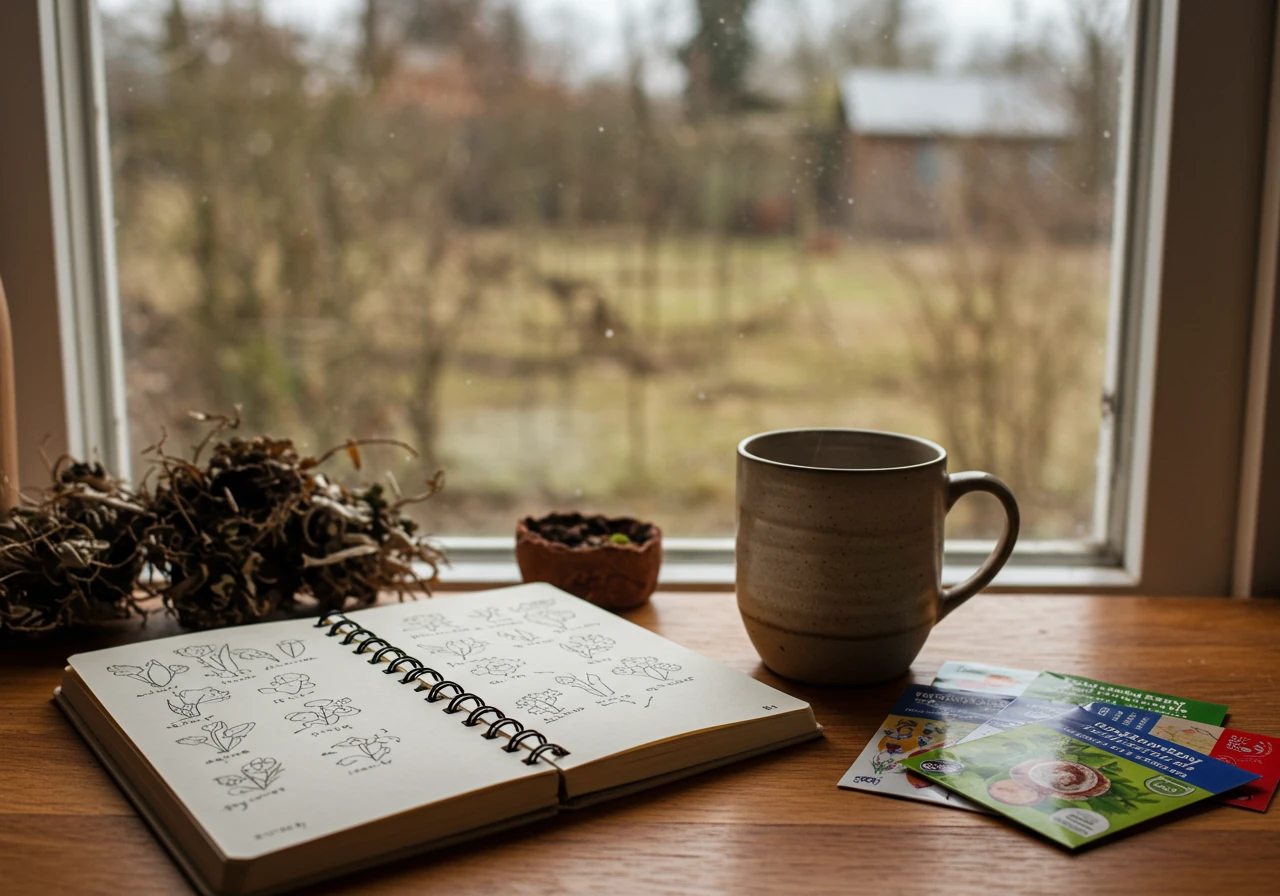 An evocative image representing the winter planning phase using the fall log. Show an open garden logbook (again, with simple non-text sketches or blank pages) resting on a wooden table indoors next to a steaming ceramic mug and a few colourful seed packets. Through the window behind the table, a blurry view of a dormant winter garden scene (perhaps bare branches or a touch of snow) is visible.