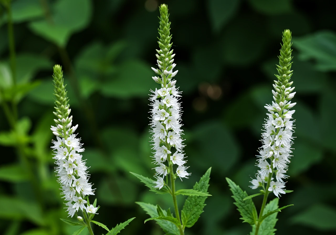 A beautiful photograph of Culver's Root (*Veronicastrum virginicum*) blooming in a sunny garden setting. The image should showcase its tall, elegant, upright white flower spires, contrasting well with surrounding green foliage, demonstrating an attractive, well-behaved alternative.