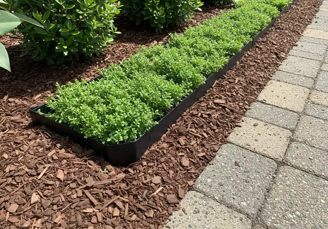 A clean, visually appealing photograph showing installed black landscape edging creating a distinct border. On one side, there should be a dense patch of groundcover (like Ajuga), and on the other side, wood chip mulch or a neat lawn edge, demonstrating effective containment.