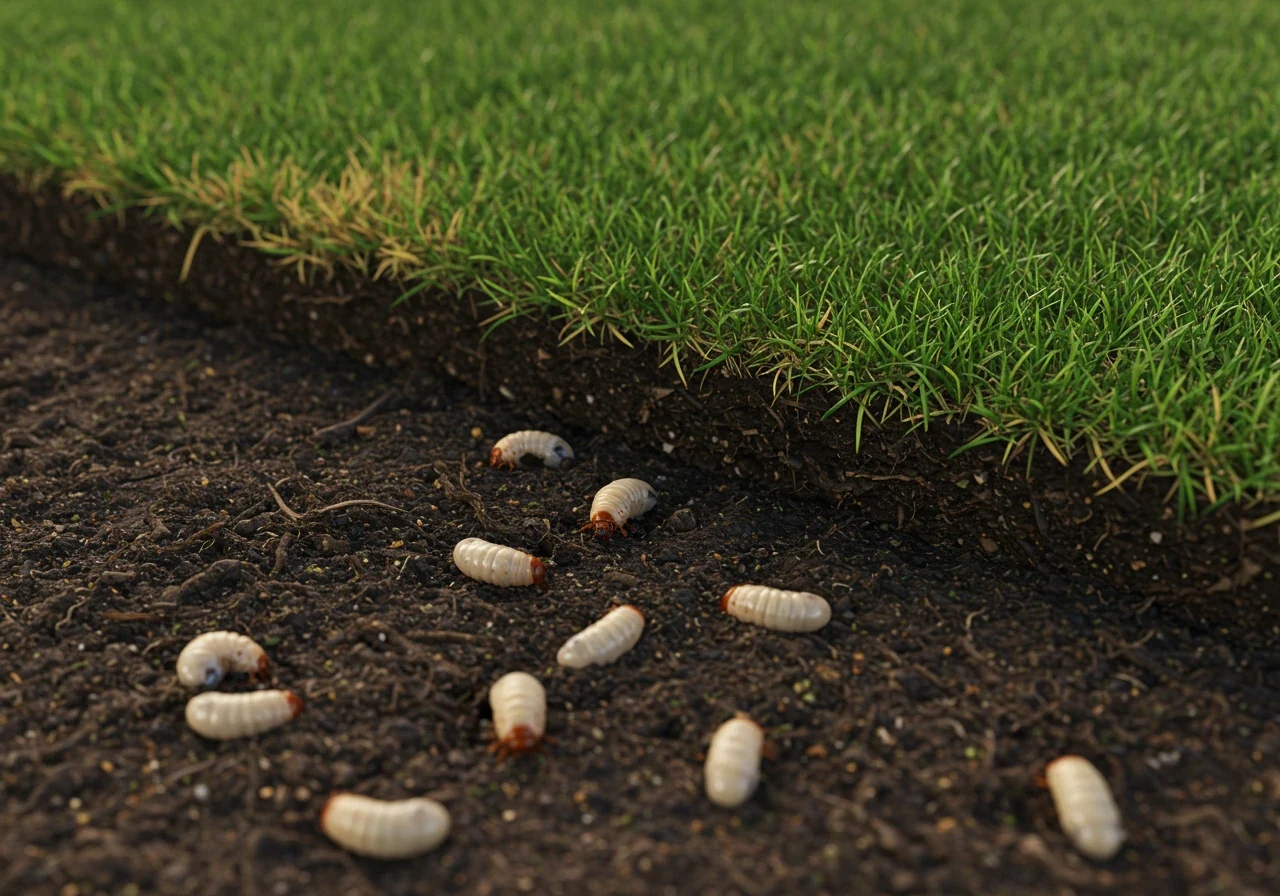 A realistic photograph showing a section of damaged lawn turf being gently pulled back like a carpet flap from the underlying soil. Visible in the exposed soil and root zone are several C-shaped white grubs (larvae of beetles like June bugs or Japanese beetles). The surrounding grass should show patches of brown or yellowing, indicative of grub damage. Focus should be on the grubs and the damaged root zone.