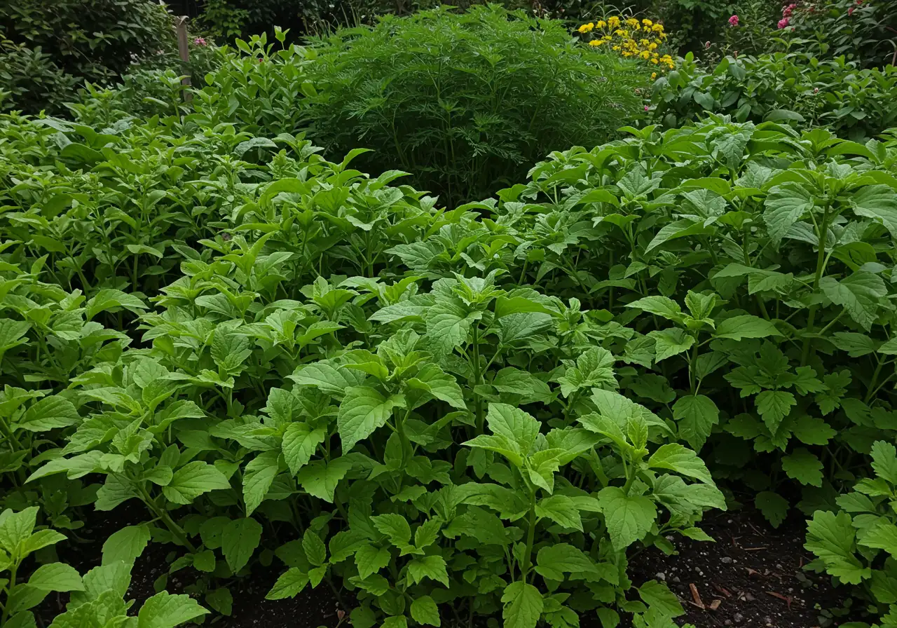 A shot of several different types of young garden plants (e.g., perennials, vegetable starts) in the peak of vegetative growth. Showcases abundant, lush, deep green foliage and strong stem development in an outdoor garden bed setting during daytime. Sunlight highlights the healthy leaves. No flowers are visible.