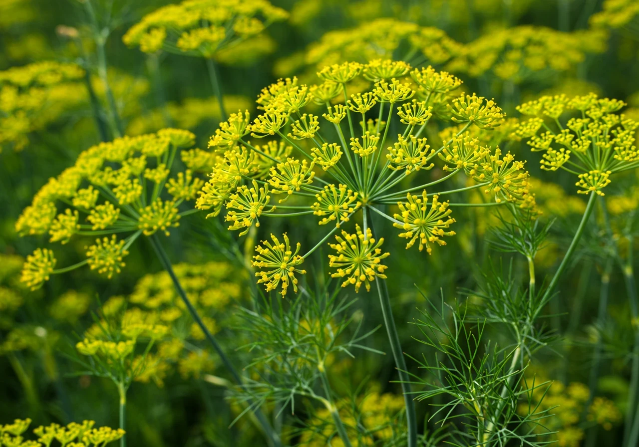 A vibrant image showcasing flowering Dill (Anethum graveolens) plants, known to attract beneficial insects. The focus should be on the delicate yellow flower umbels and feathery green foliage under bright, natural sunlight. This illustrates planting for biological control.