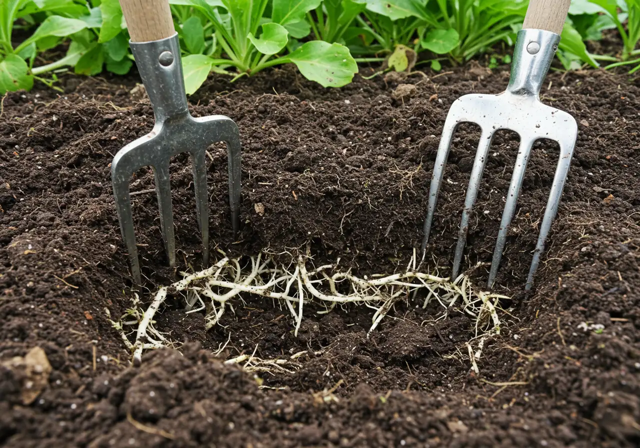 An image illustrating the concept of invasive rhizomes. It should show a cross-section or partially dug-up view of garden soil where a network of thick, white, creeping underground stems (rhizomes) from an aggressive plant (like Goutweed or Ribbon Grass) is clearly visible spreading horizontally just below the soil surface. A garden fork prong could be visible loosening the soil to reveal them, emphasizing the difficulty of removal.