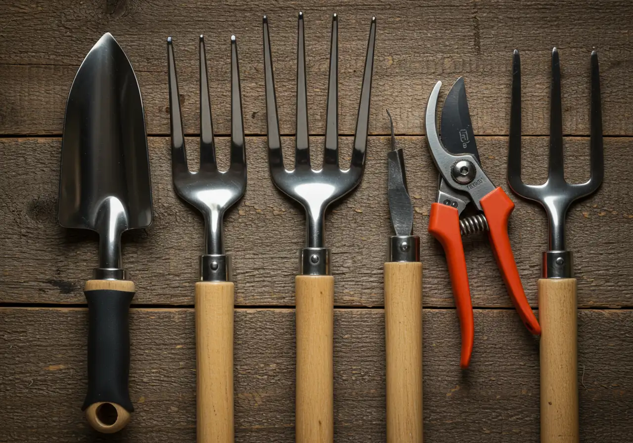 A visually appealing shot of several common garden hand tools (trowel, hand fork, pruners) that look exceptionally clean and well-maintained. They should be neatly arranged or hanging against a clean, simple background like weathered wood or a tidy shed wall, glinting slightly.