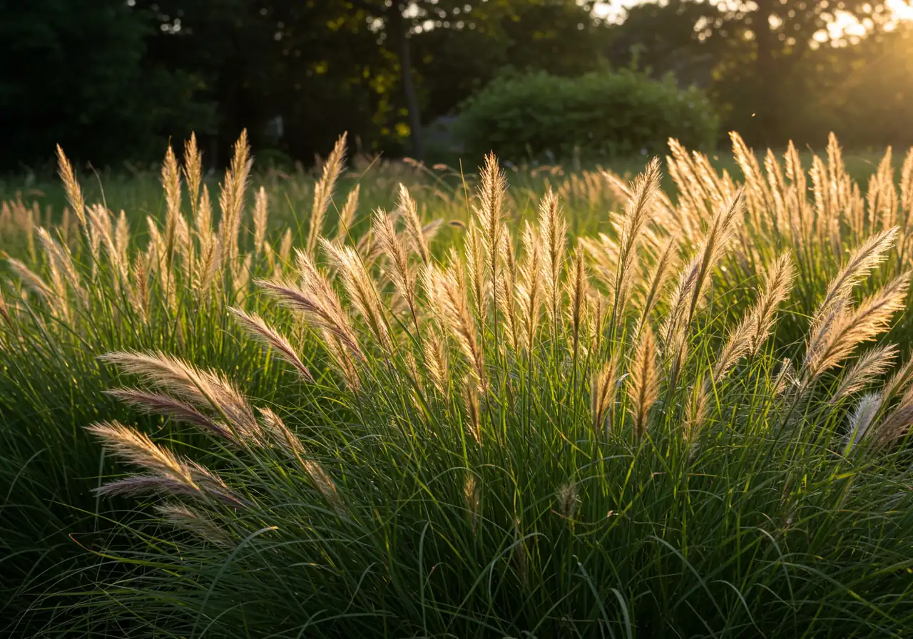 An image capturing the texture and movement of wind-tolerant ornamental grasses, such as Feather Reed Grass ('Karl Foerster') or Little Bluestem. The grasses should appear healthy and upright but with a sense of graceful movement, perhaps backlit by sunlight to emphasize the feathery plumes or fine foliage.