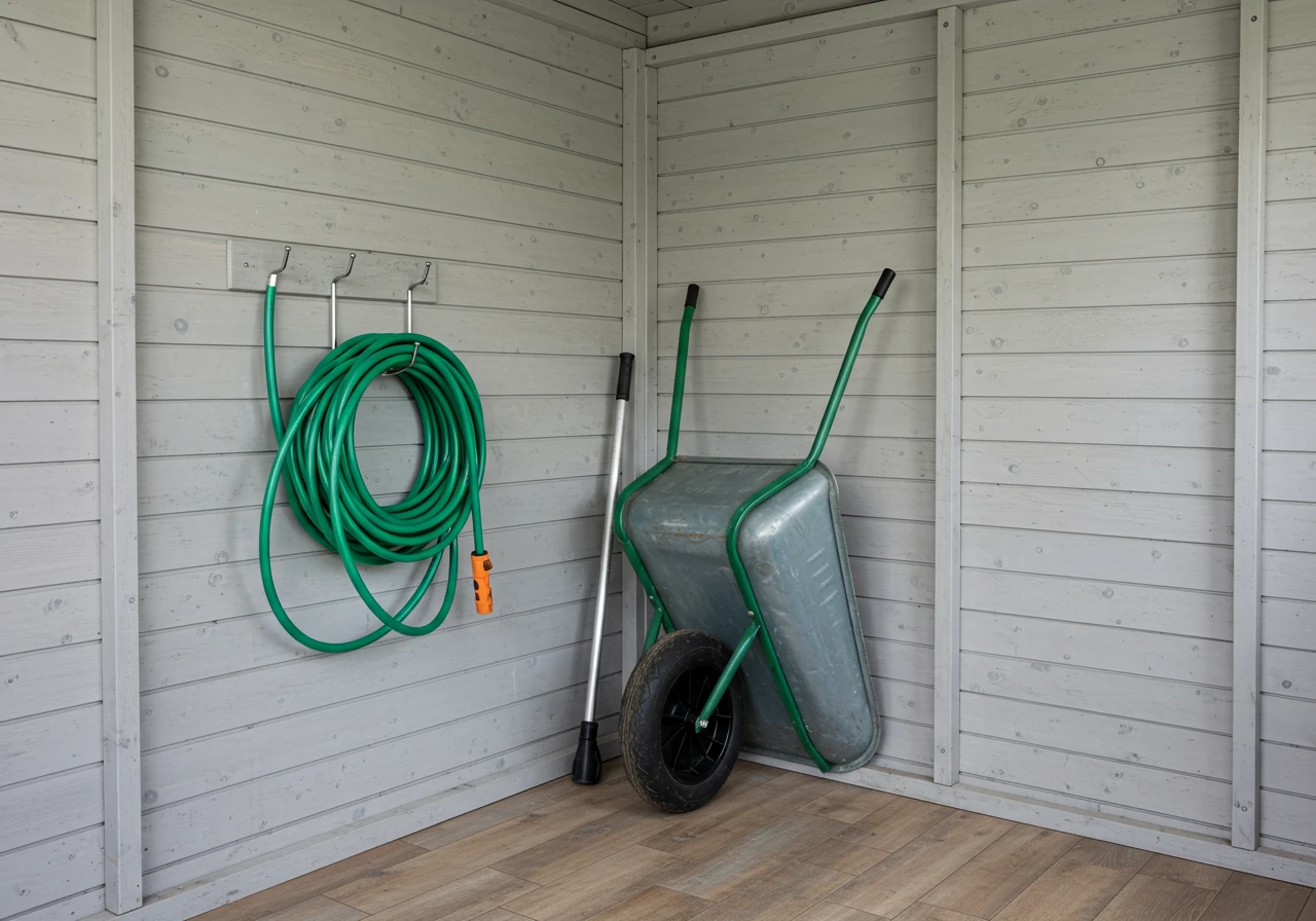 An organized garden storage area. A green garden hose is neatly coiled and hanging on a dark metal wall-mounted hanger against a clean, light-colored shed wall. Beside it, a clean, empty metal wheelbarrow is tilted upright against the wall. The area looks tidy and well-kept.