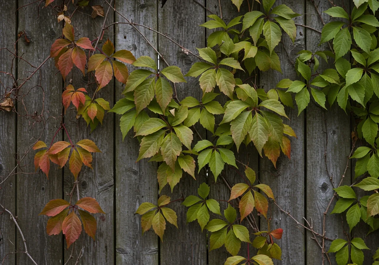 An image depicting a vigorous Virginia Creeper vine (Parthenocissus quinquefolia), showcasing its characteristic five-leaflet leaves (perhaps with hints of red fall colour), densely covering and overwhelming a section of a weathered wooden garden fence or climbing invasively up a brick wall, illustrating the 'Space Hog' concept.