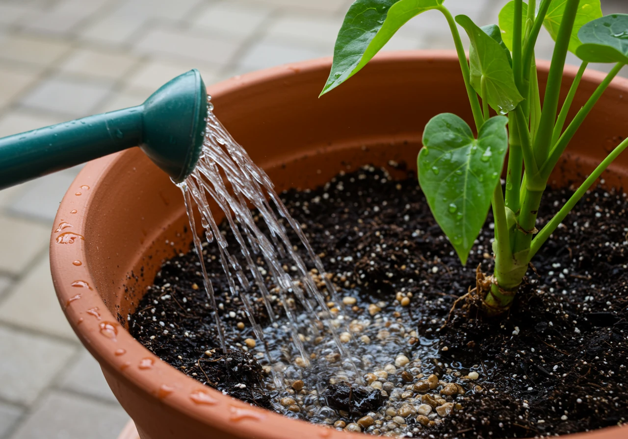 An image showing water gently flowing from a watering can onto the soil surface of a medium-sized terracotta potted plant (e.g., a geranium or small shrub). Water should be visibly draining from the bottom drainage holes of the pot onto a simple, non-distracting surface like gravel or patio stones (no saucer visible). The focus is on the action of flushing the soil. The plant itself may show subtle signs of stress but the main action is the watering/flushing.
