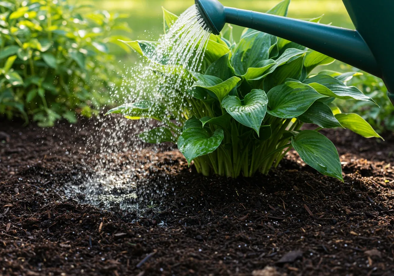 A photograph illustrating the correct watering technique described. Show water from a watering can spout or hose wand being directed precisely at the soil level around the base of a healthy-looking perennial plant (like a hosta or coral bell). No water should be splashing onto the leaves. The soil should look moist, and the plant foliage vibrant and dry. Include a layer of dark brown wood chip mulch around the plant base, kept slightly away from the stem.
