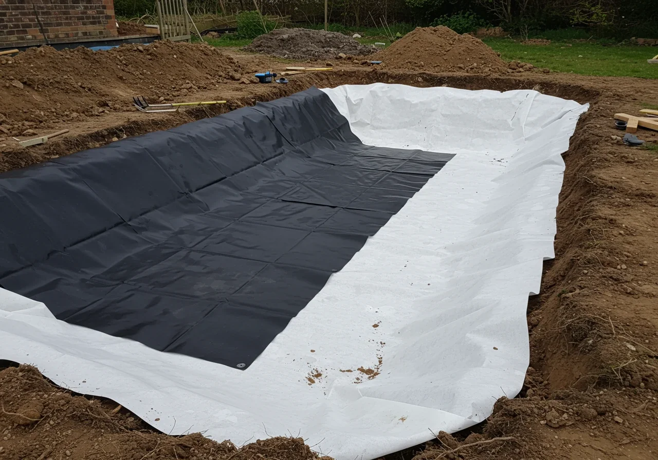 An image depicting the installation process of a pond liner focusing on the protective layers. It shows a section of an excavated pond basin where thick, white, non-woven geotextile underlayment fabric is laid smoothly over the prepared soil base. On top of this underlayment, a portion of heavy-duty black EPDM rubber liner is being carefully unfolded, clearly showing the underlayment beneath it. No tools or people are visible.