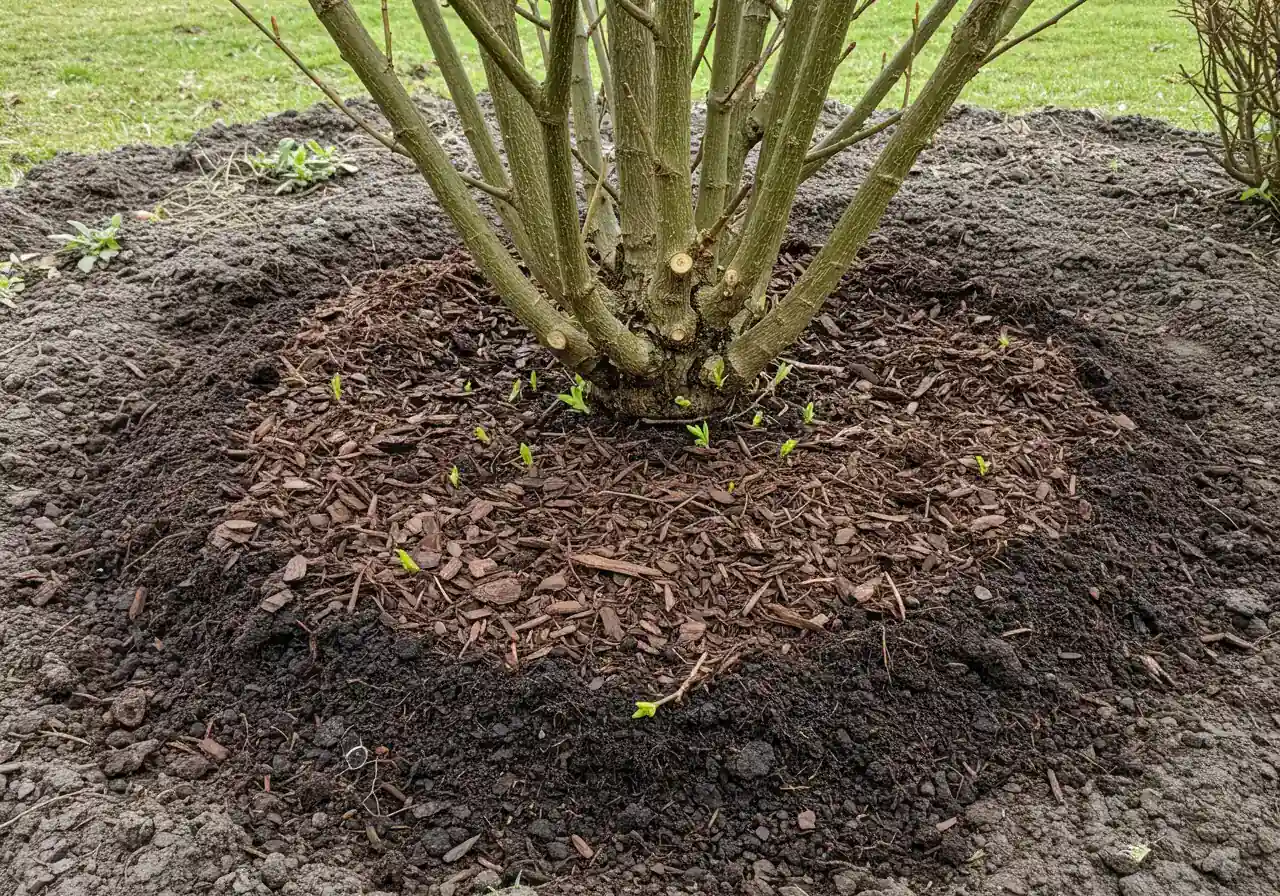 A photograph illustrating proper aftercare. It shows the base of a coppiced shrub (the low 'stool' from the previous image suggestion, perhaps with tiny buds just starting to swell) surrounded by a neat, thick (2-3 inch) layer of dark brown shredded bark mulch. The image should convey neatness and good horticultural practice.