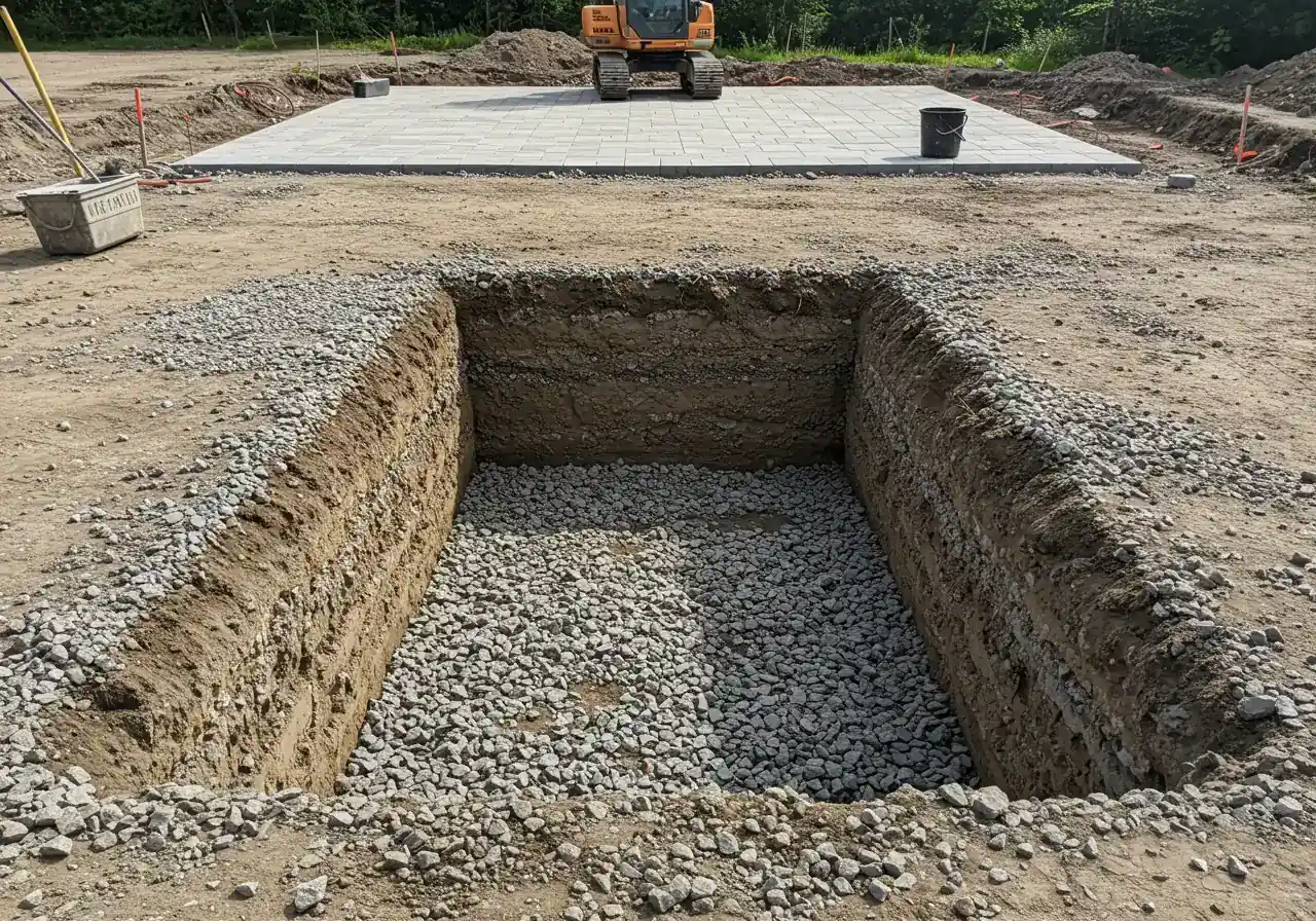 A clear photograph taken during the construction phase of a patio, focusing squarely on the prepared base. Show the deep layer (visibly thick, suggesting 12+ inches) of compacted aggregate (crushed stone/gravel) filling the excavated area. The texture and layering of the gravel should be evident. No tools or people, just the crucial foundation layer itself, ready for pavers.