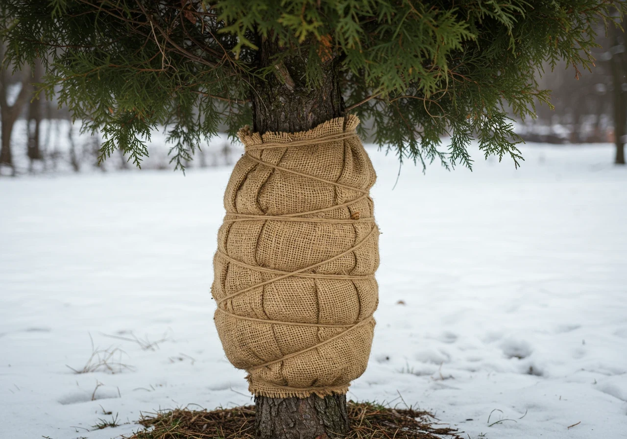 A clear image demonstrating the protective wrapping technique. Show the lower or middle section of a slender upright evergreen (like an Emerald Cedar) loosely wrapped in breathable, natural-colored burlap. The burlap should be secured spirally with soft, biodegradable twine. The focus should be on the materials and how they are applied gently to the tree.